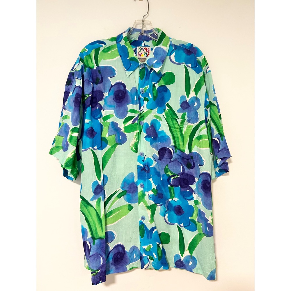 Jams World Mens Violet Bouquet Floral Rayon Hawaiian Shirt Blue Green Large USA